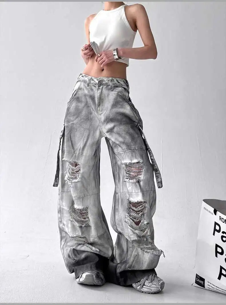 Women Jeans American High Street Ripped Straight Wide-Leg