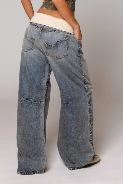 Ribbed Waistband Straight-Leg Jeans - Vintage Washed