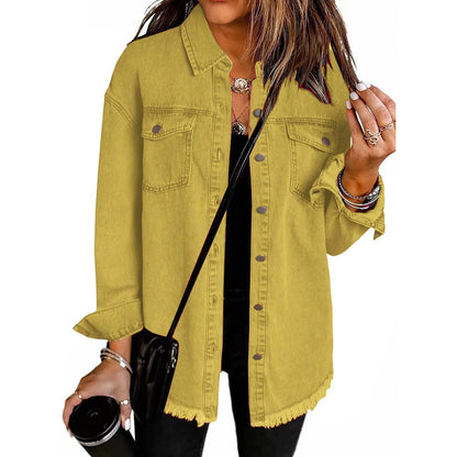 New washed denim shirt jacket for women autumn and winter personality street style edged hem jacket for women