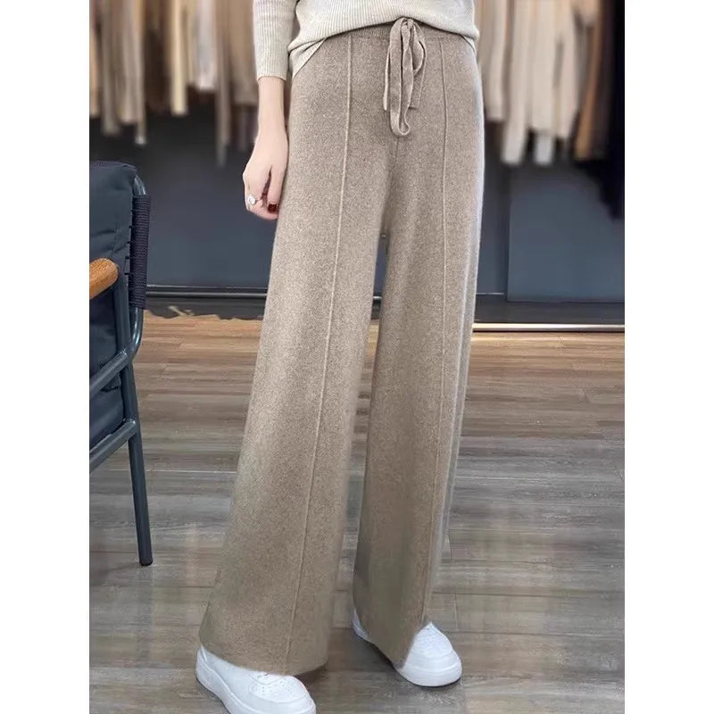 Women Pants Full Length Elastic Waist Knitted Wide Leg