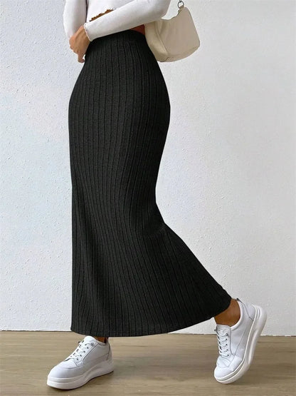 Women's Rib-knit Side Split Maxi Skirt - Long Skirt