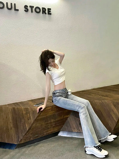 Womens Jeans Flared Trousers Blue Bell Bottom Y2K
