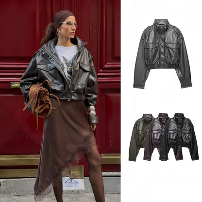 Women's Black Leather Jacket - Vintage Zipper Moto Biker Coat