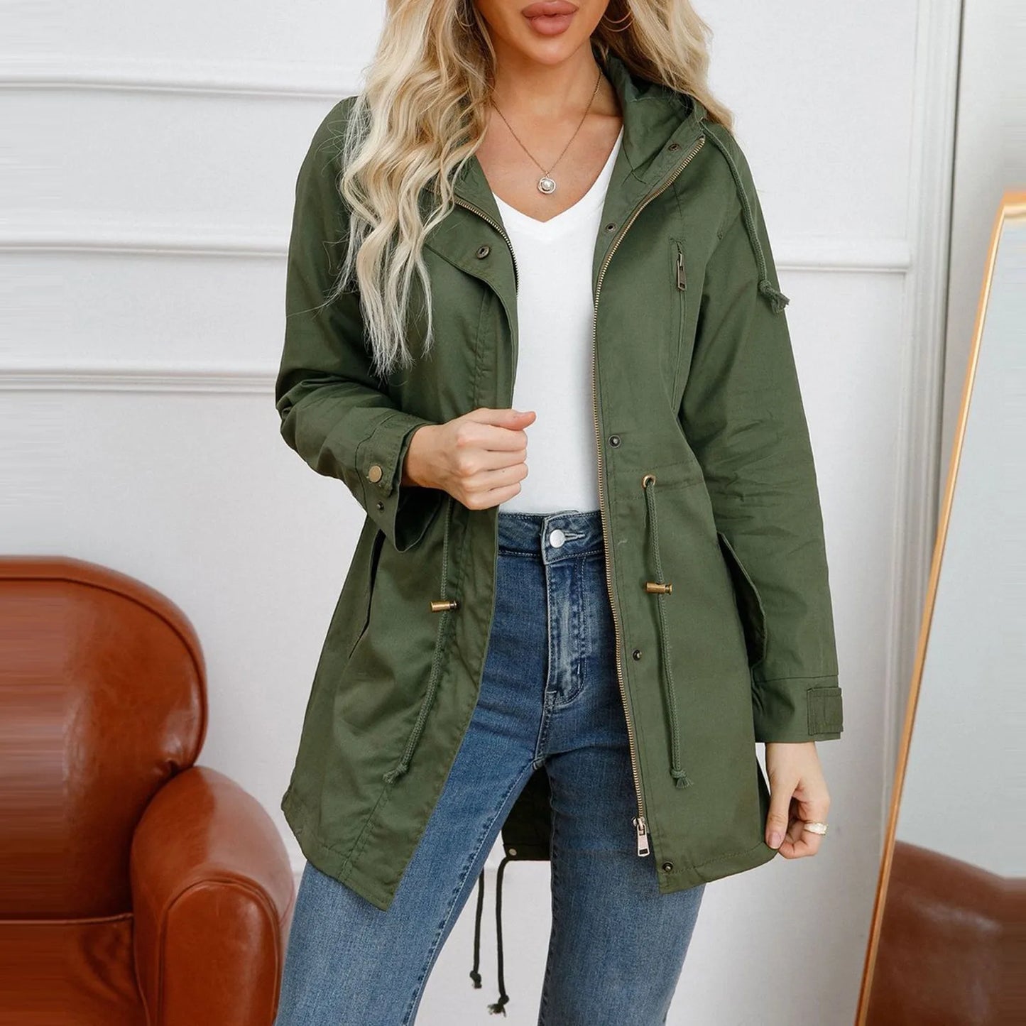 Women Hooded Trench Coat Spring Autumn Outdoor
