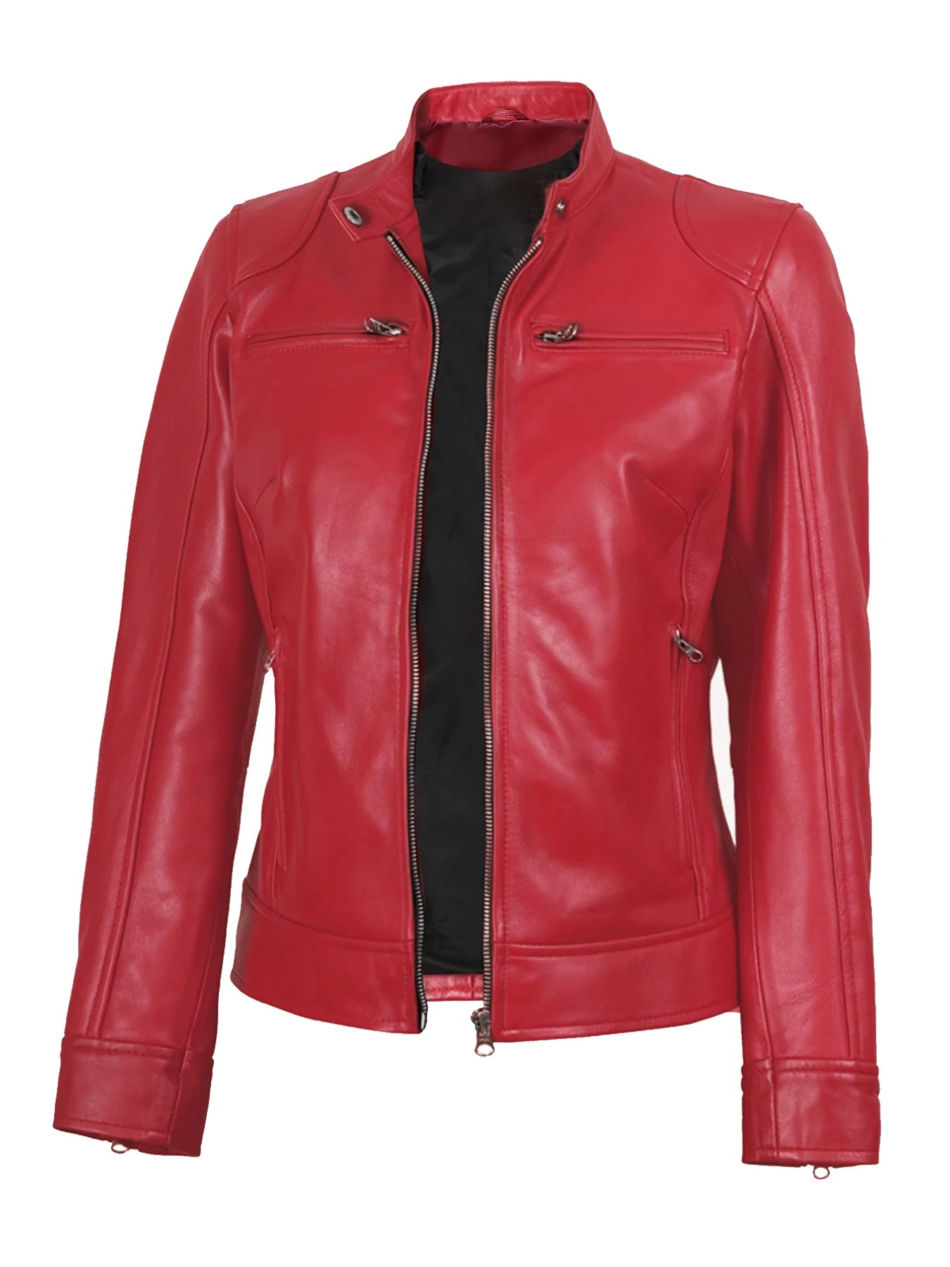 Women's Leather Jacket - Slim Fit A-line Zipper Cycling Jacket, Stand Collar Long Sleeve Casual Cycling Jacket, All-Season PU Le