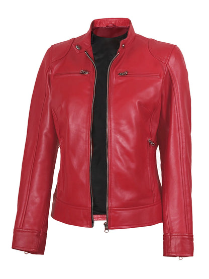 Women's Leather Jacket - Slim Fit A-line Zipper Cycling Jacket, Stand Collar Long Sleeve Casual Cycling Jacket, All-Season PU Le