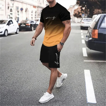 Men's 3D Gradient T-shirt and Shorts Set - Casual Sportswear