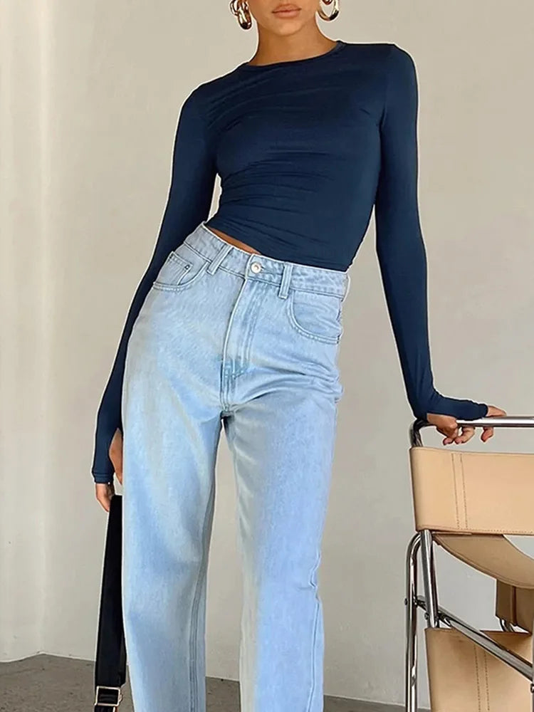 Moda Qadın T-shirt Uzunqol Dəyirmi Yaxa Bütün Rəngli Dar Kəsim Qadın Krop Top Baş Barmaq Deşikli Gündəlik Küçə Geyimi Yay Kamisolu Üçün