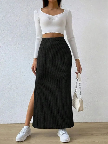 Women's Rib-knit Side Split Maxi Skirt - Long Skirt