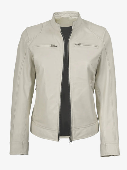 Women's Leather Jacket - Slim Fit A-line Zipper Cycling Jacket, Stand Collar Long Sleeve Casual Cycling Jacket, All-Season PU Le
