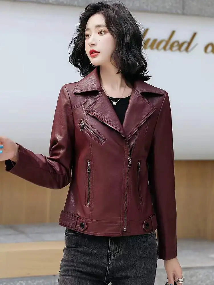 Women's Classic Slim Leather Jacket - Suit Collar Biker Coat