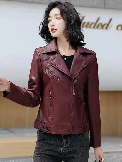 Women's Classic Slim Leather Jacket - Suit Collar Biker Coat