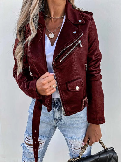 Women's PU Leather Motorcycle Jacket - British Style