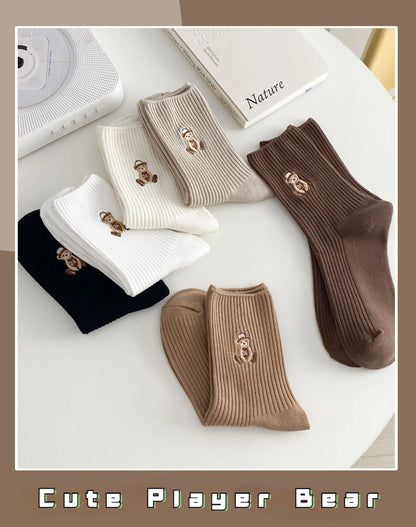 New Design Embroider Cute Bears Dressed Player In Sportswear Short Cotton Socks 6 Colors Available Casual Style Daily Attire
