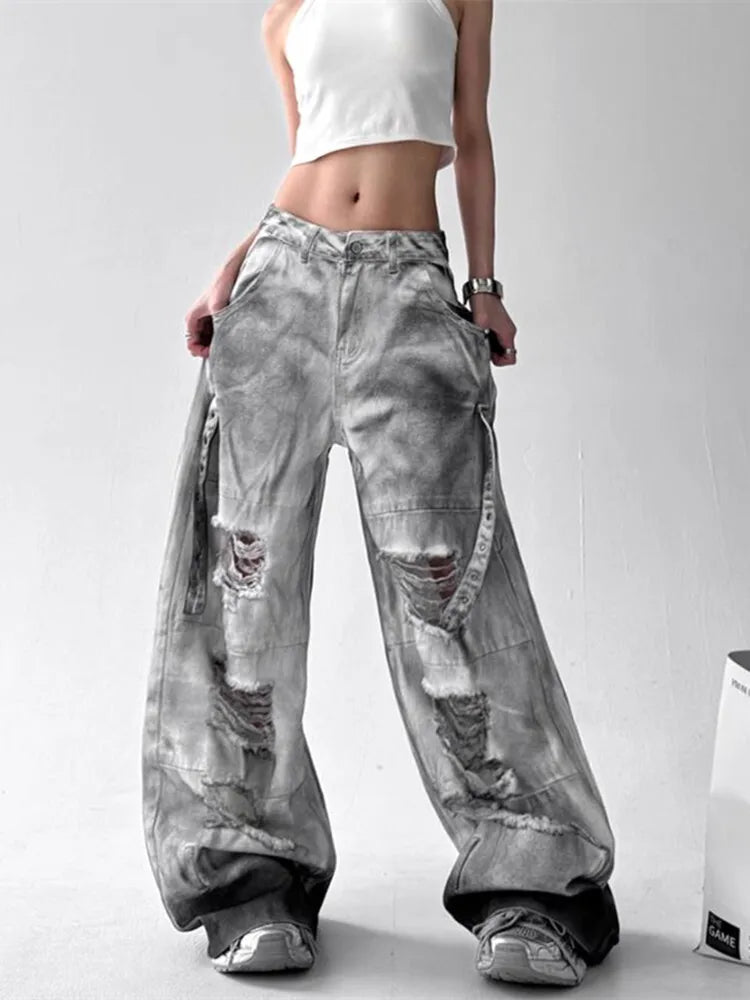 Women Jeans American High Street Ripped Straight Wide-Leg