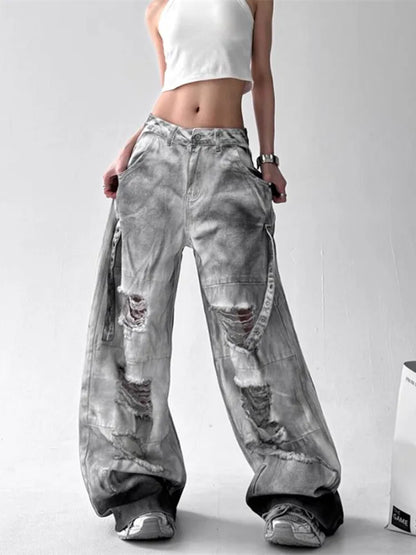 Women Jeans American High Street Ripped Straight Wide-Leg