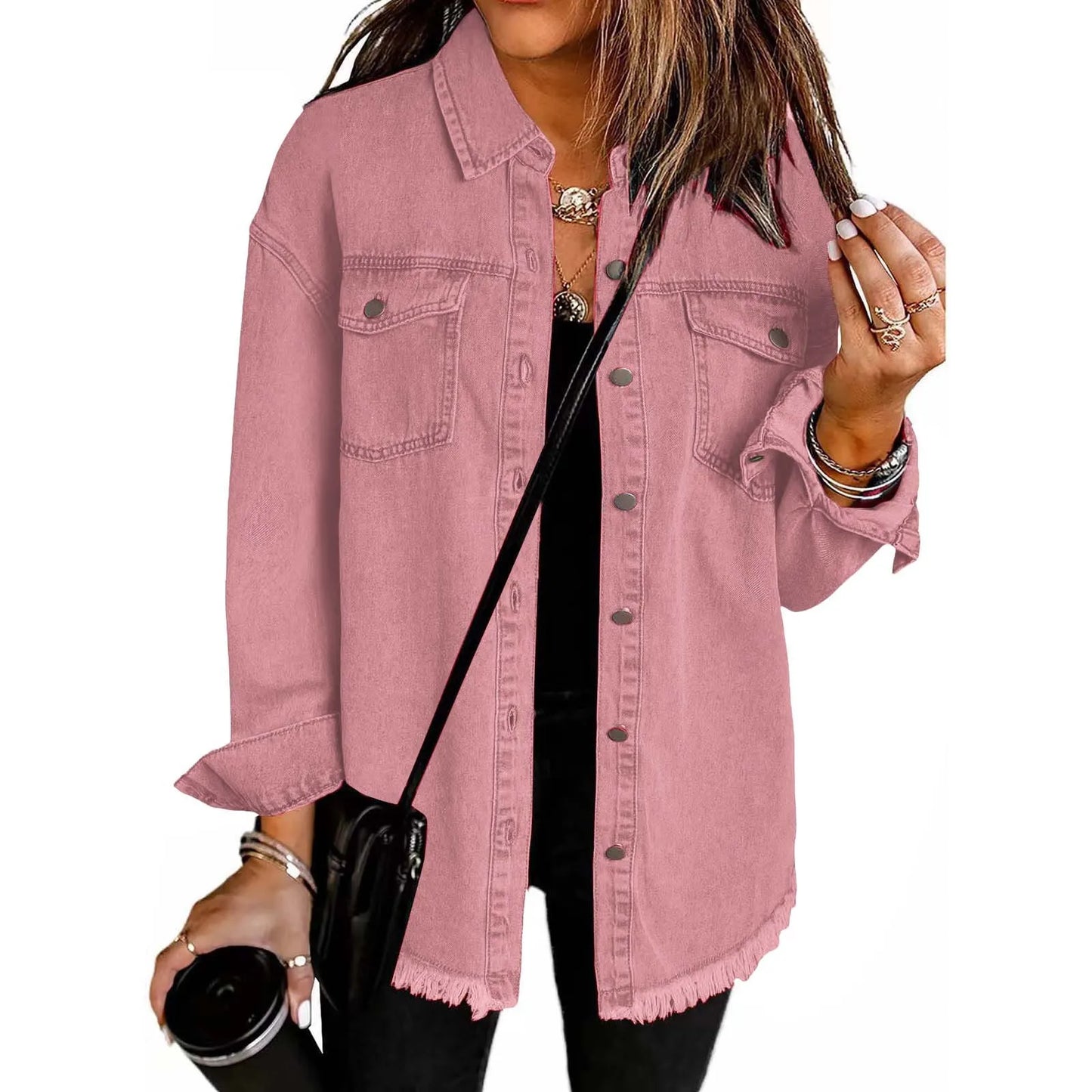 New washed denim shirt jacket for women autumn and winter personality street style edged hem jacket for women
