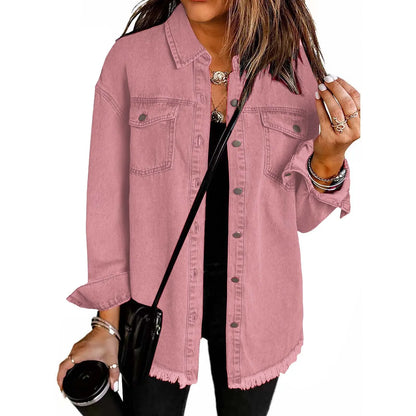New washed denim shirt jacket for women autumn and winter personality street style edged hem jacket for women