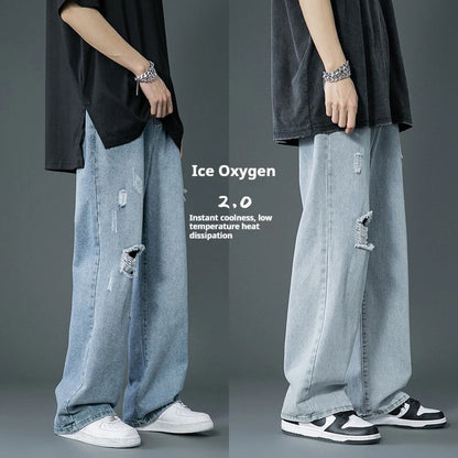 Ripped Jeans Men Ins Trendy - Straight Leg Loose Wide Leg