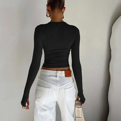 Moda Qadın T-shirt Uzunqol Dəyirmi Yaxa Bütün Rəngli Dar Kəsim Qadın Krop Top Baş Barmaq Deşikli Gündəlik Küçə Geyimi Yay Kamisolu Üçün