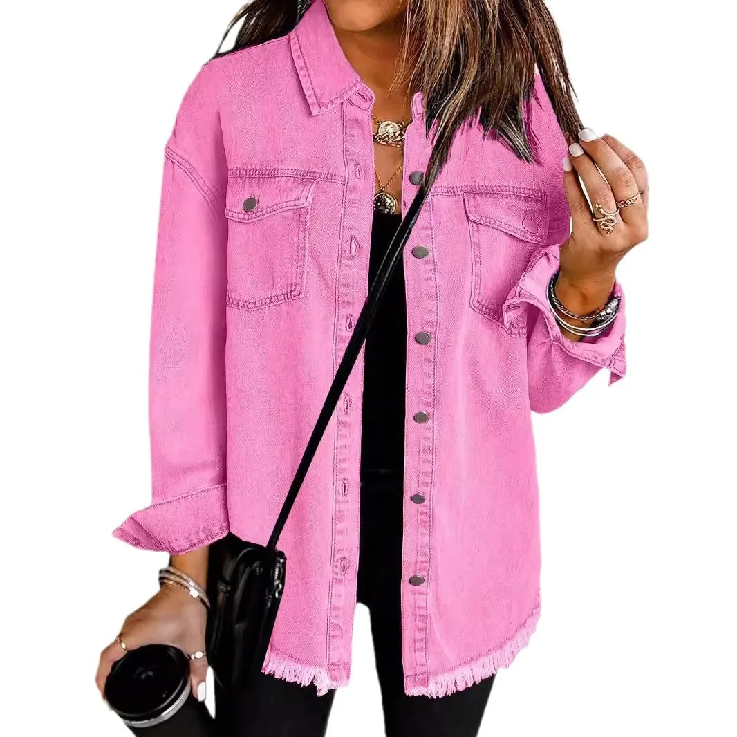 New washed denim shirt jacket for women autumn and winter personality street style edged hem jacket for women