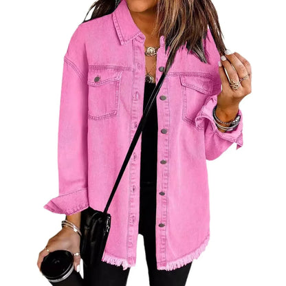New washed denim shirt jacket for women autumn and winter personality street style edged hem jacket for women