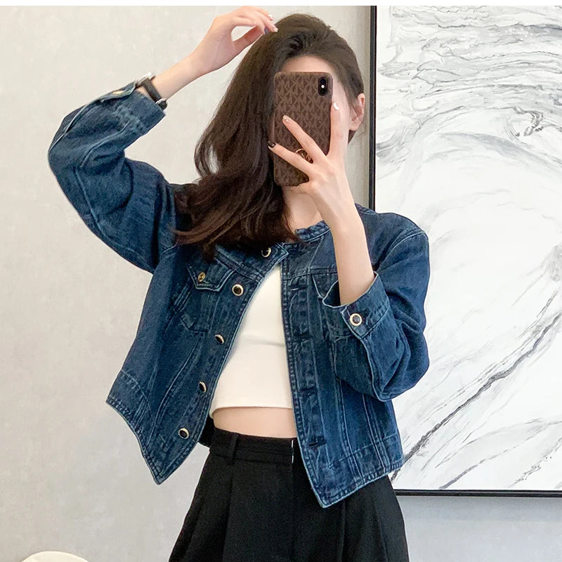 Vintage Women's O-Neck Denim Jacket Y2K