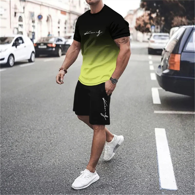 Men's 3D Gradient T-shirt and Shorts Set - Casual Sportswear