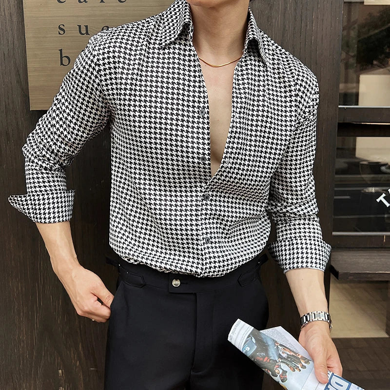 Men's Korean Houndstooth Slim Fit Dress Shirt