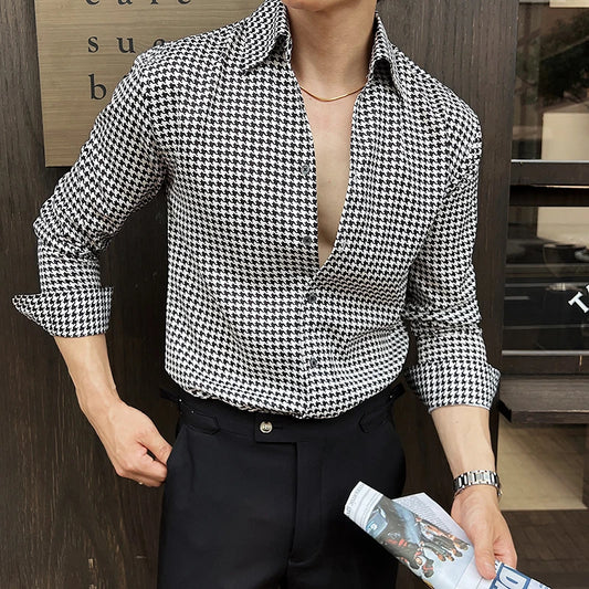 Men's Korean Houndstooth Slim Fit Dress Shirt
