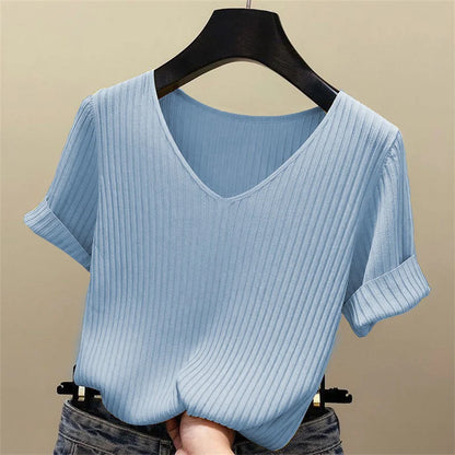 Women's Summer Blouse V-Neck Knitted Short Sleeve Top