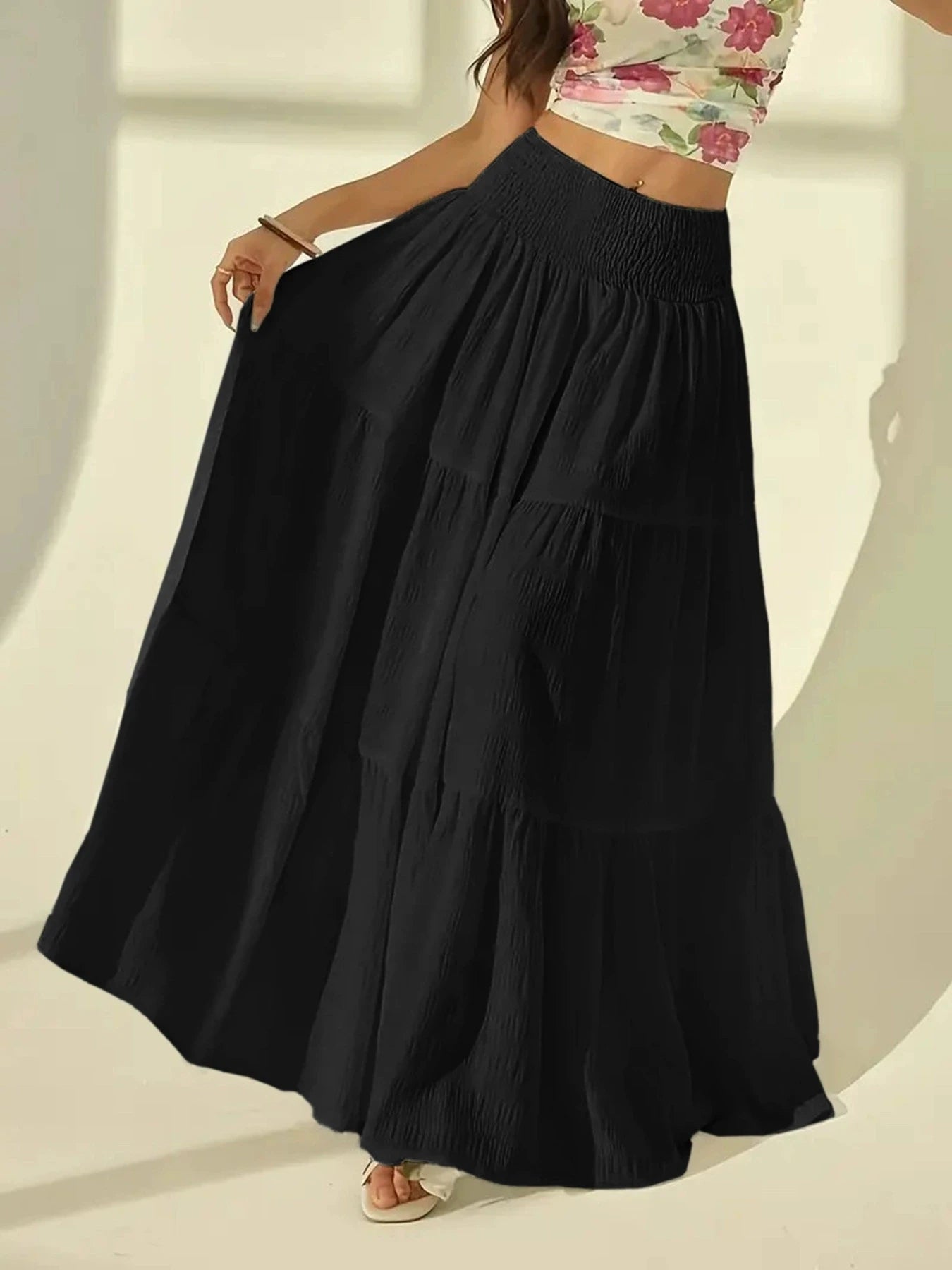 Women's Fashion Tiered Maxi Skirt - Elastic Waist Long Skirt