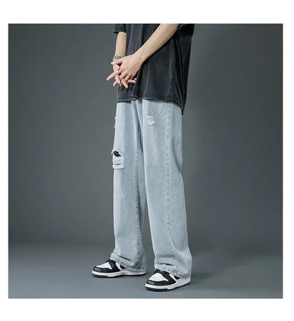 Ripped Jeans Men Ins Trendy - Straight Leg Loose Wide Leg