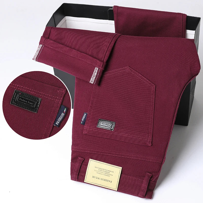 Wine Red Jeans Men - Fashion Casual Classic Business Straight