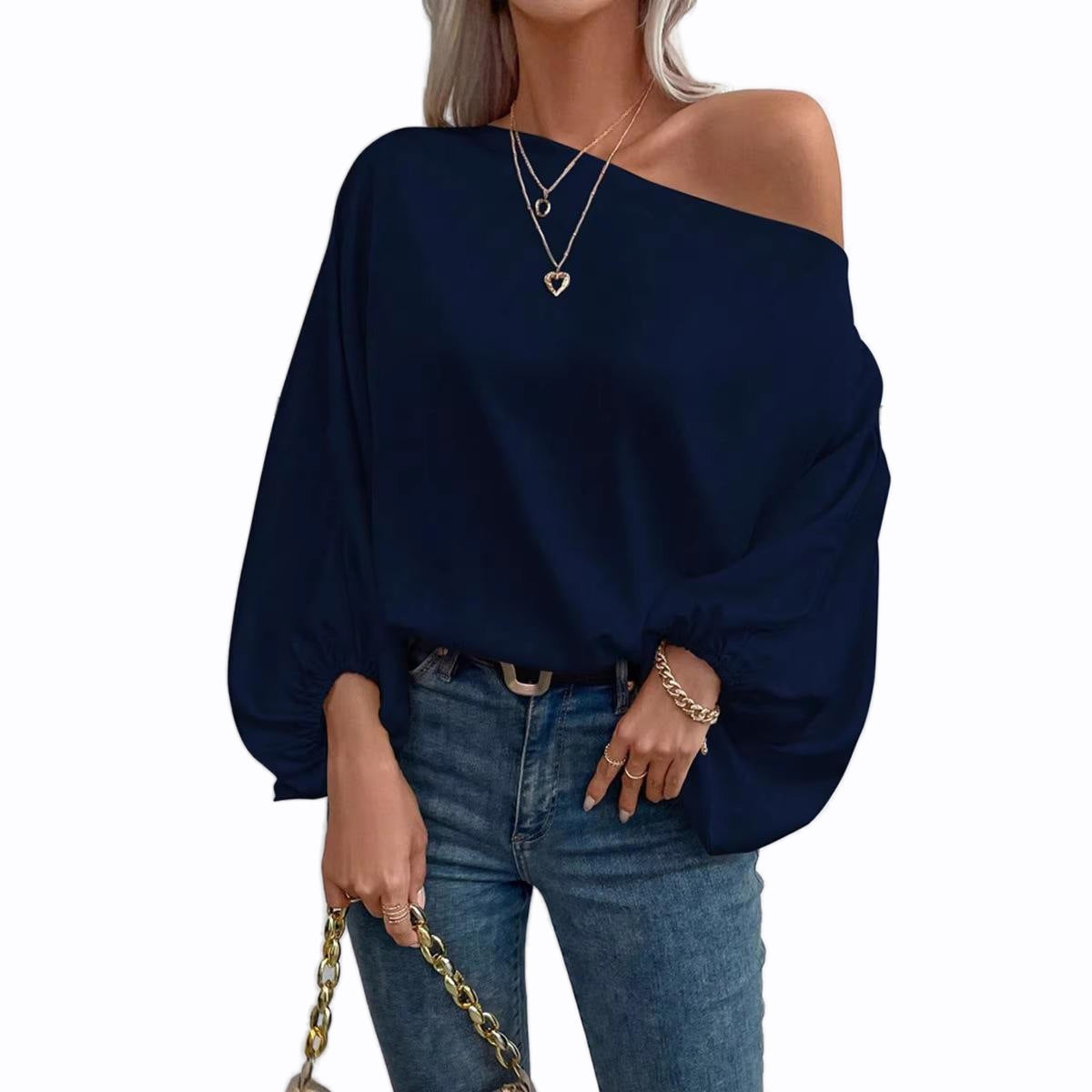 Women's Off-Shoulder Satin Blouse - Elegant Solid Color Top