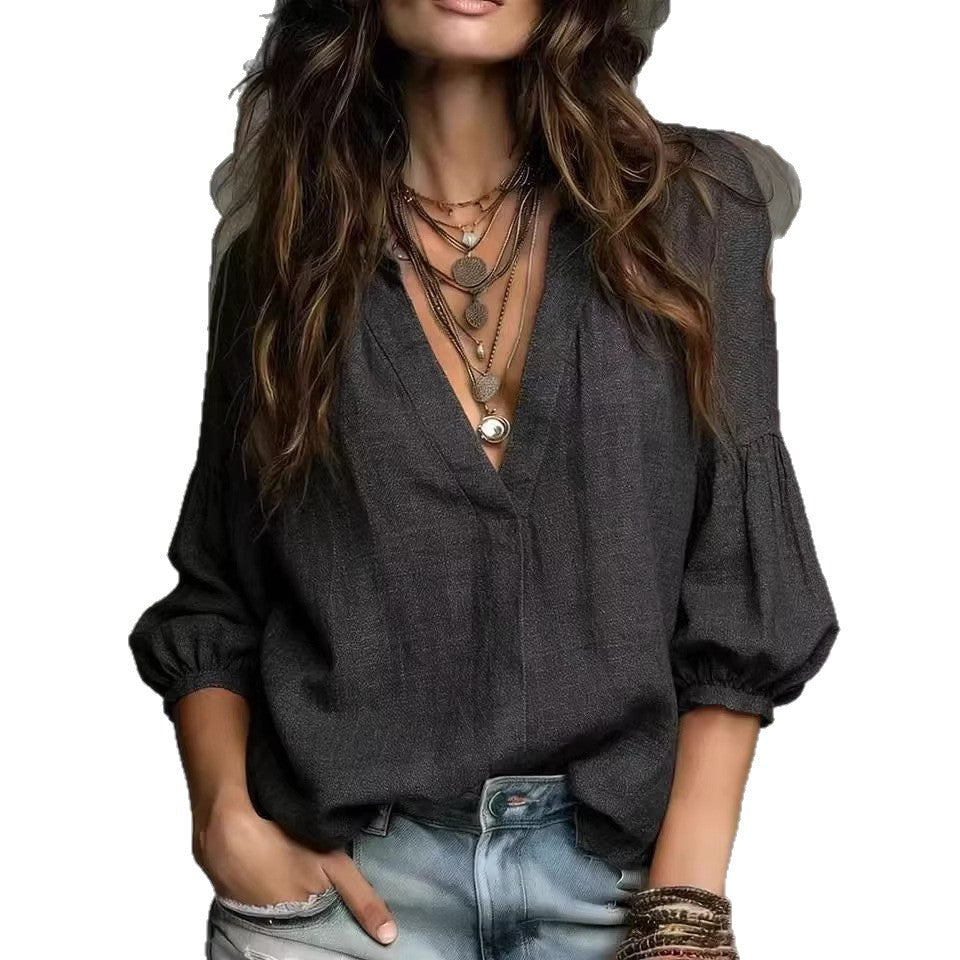 Women's Loose Casual V-Neck Three-Quarter Sleeve Shirt