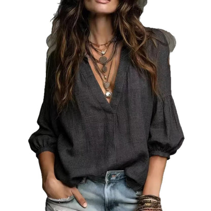 Women's Loose Casual V-Neck Three-Quarter Sleeve Shirt