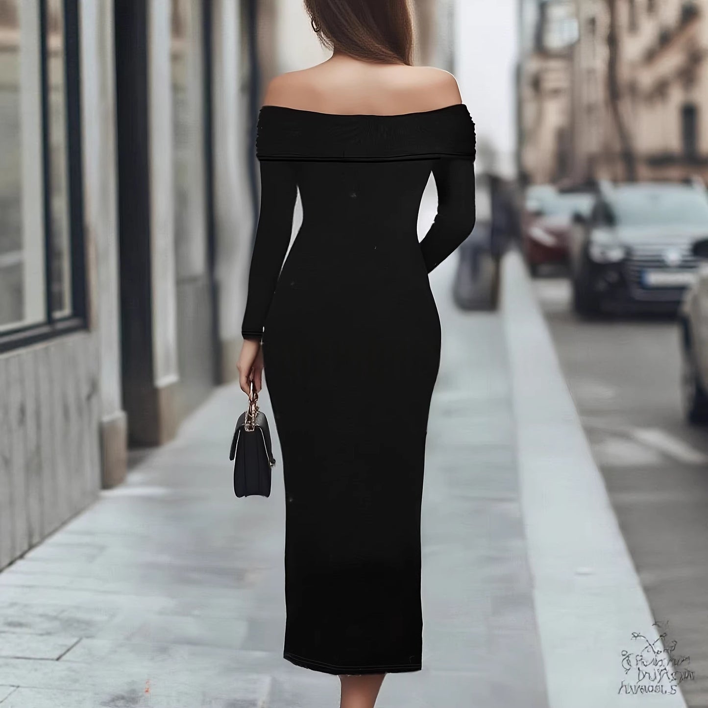 Women's Off-Shoulder Beaded Sheath Dress - Long Sleeve Solid Color