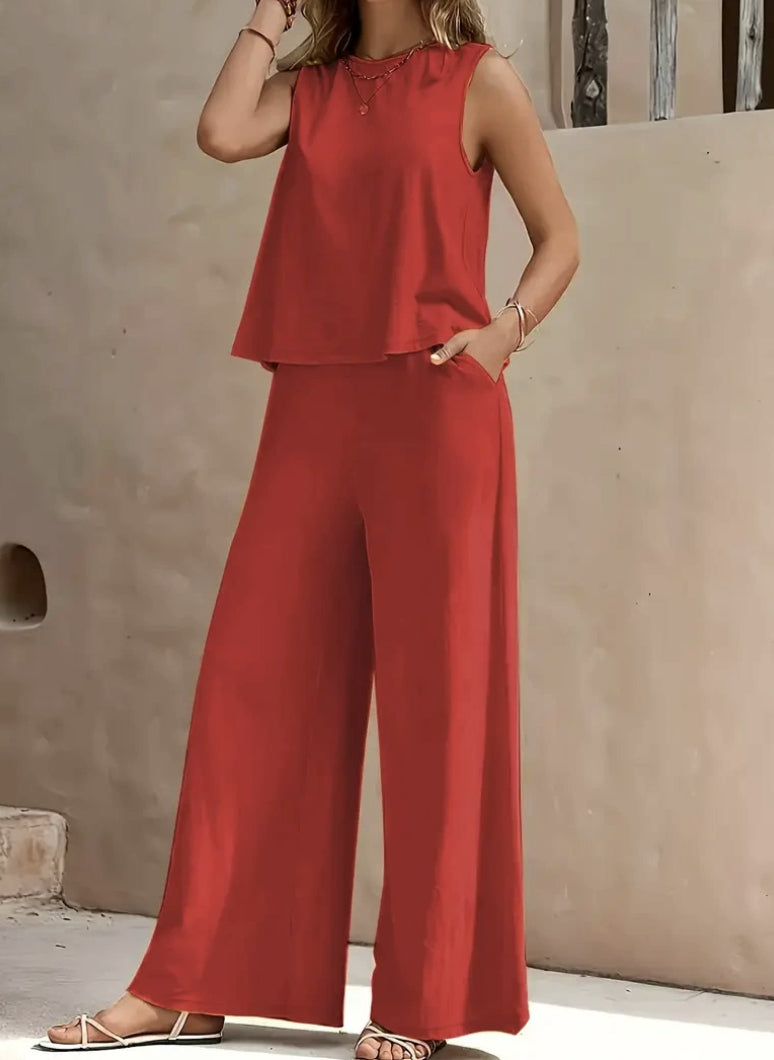 Solid Color Casual Loose Pants Set - Women's Two Piece Suit