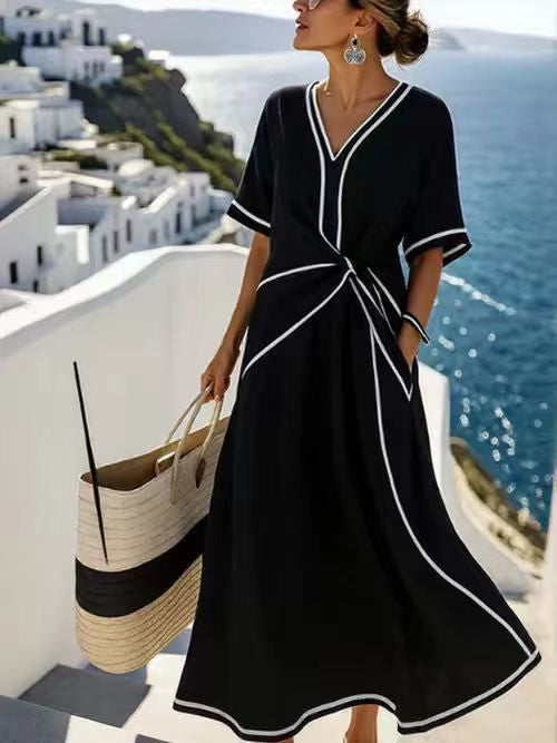 Women's Striped Maxi Dress - Short Sleeve Beach Vacation