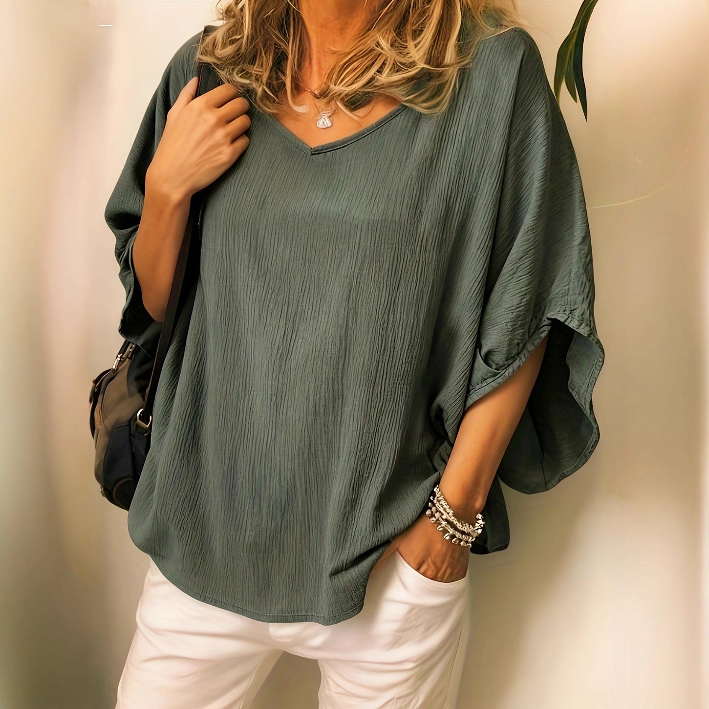 Women's Batwing Sleeve Cotton-Linen Top - Versatile Solid Color Casual Blouse
