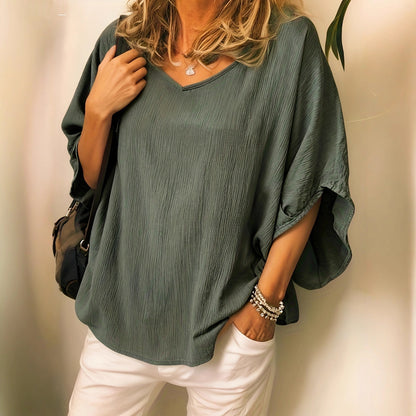 Women's Batwing Sleeve Cotton-Linen Top - Versatile Solid Color Casual Blouse