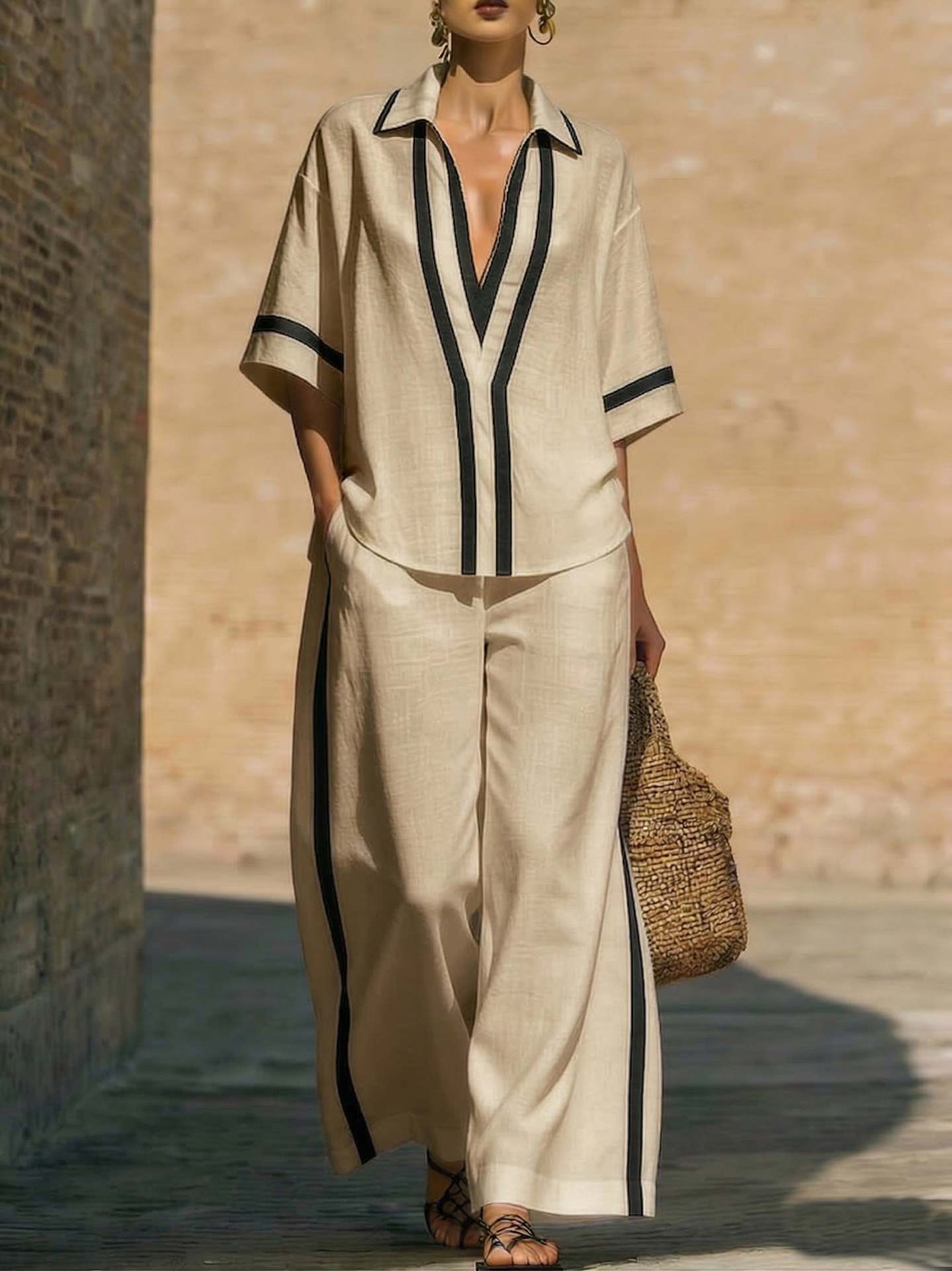 Women's Color Block Two-Piece Set - Top & Wide Leg Pants