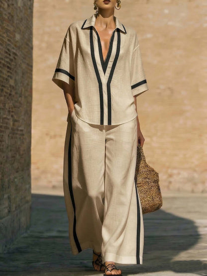 Women's Color Block Two-Piece Set - Top & Wide Leg Pants