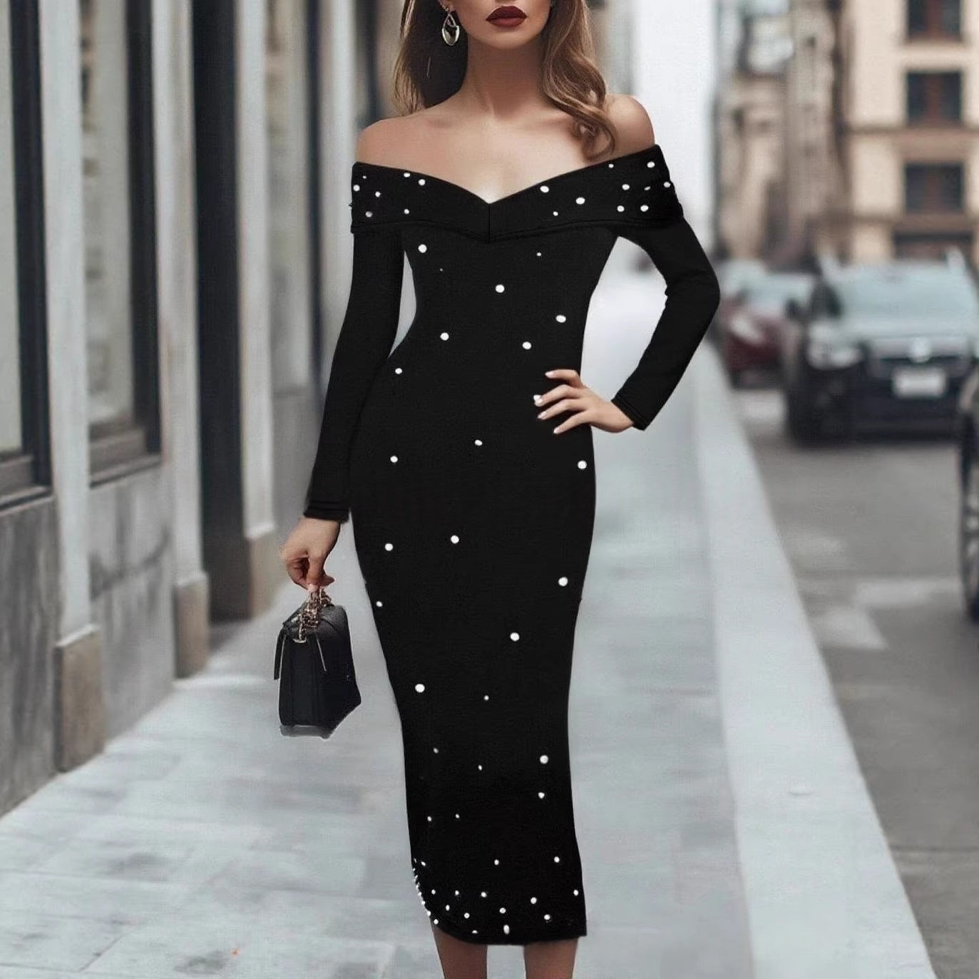 Women's Off-Shoulder Beaded Sheath Dress - Long Sleeve Solid Color