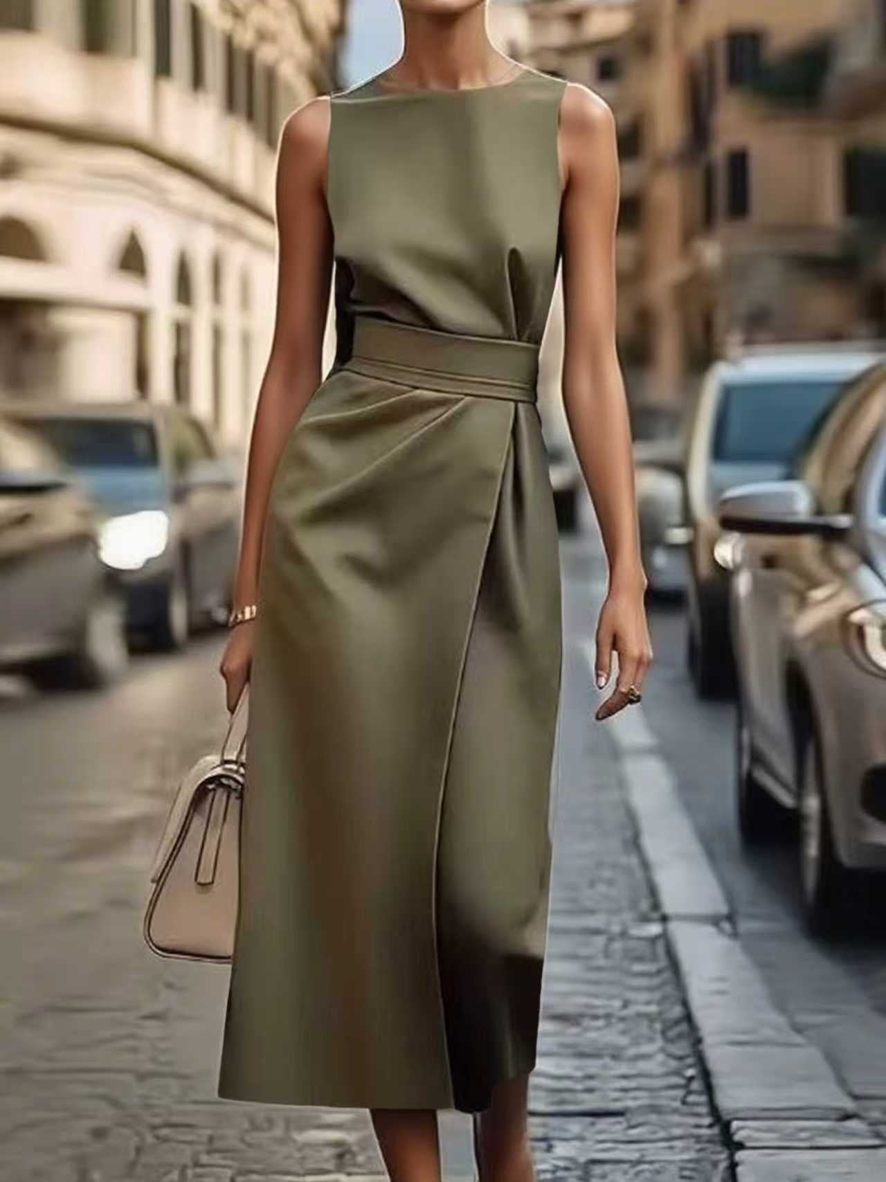 Sleeveless Belt Dress - Slim Back Zipper Women's Fashion