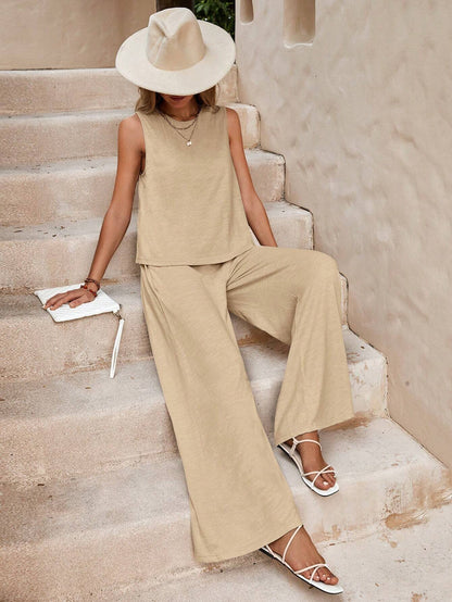 Solid Color Casual Loose Pants Set - Women's Two Piece Suit