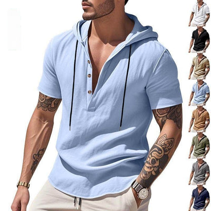 Qısa Qollu Gündəlik Nəfəs Alan Kətan Hudi Henley Köynək Kişi Köynəyi Nəfəs Alan Rahat Yaz Yay Dəbi Əsas Rəng Küçə Geyimi
