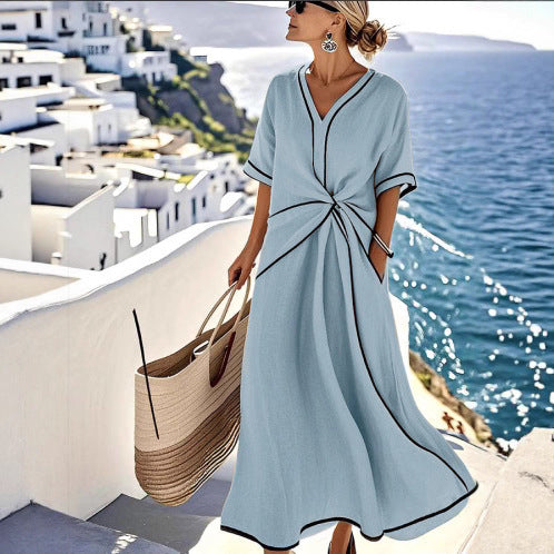 Women's Striped Maxi Dress - Short Sleeve Beach Vacation
