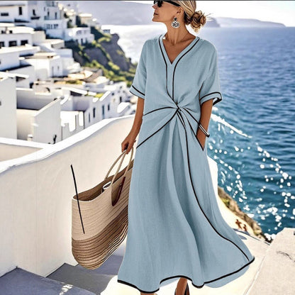Women's Striped Maxi Dress - Short Sleeve Beach Vacation